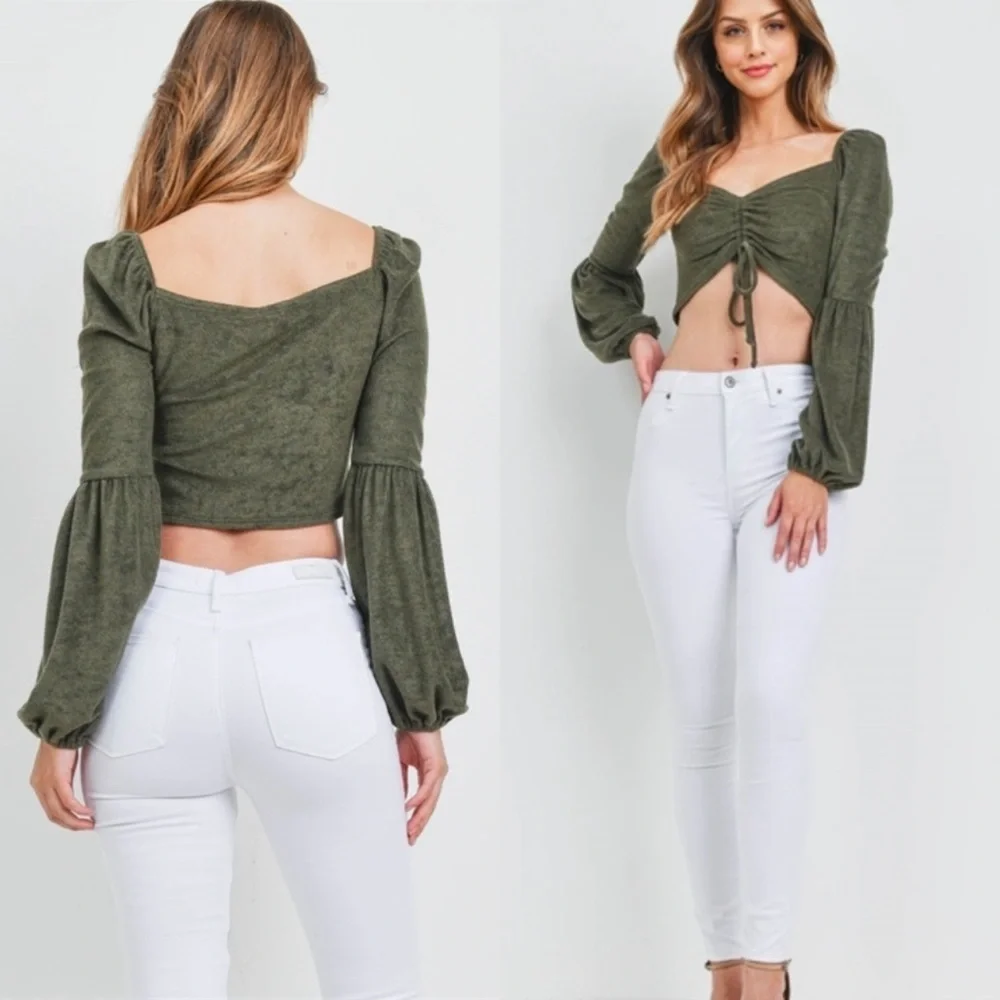 Olive Green Puff Sleeve Boho Casual Crop Top